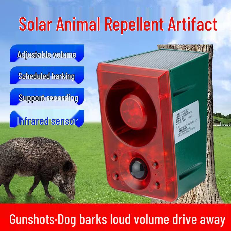 

Сонячний відлякувач кабанів: Відлякувач тварин для вулиці з гавкотом собаки, звуками пострілів, інфрачервоним датчиком руху та таймером миготливого світла