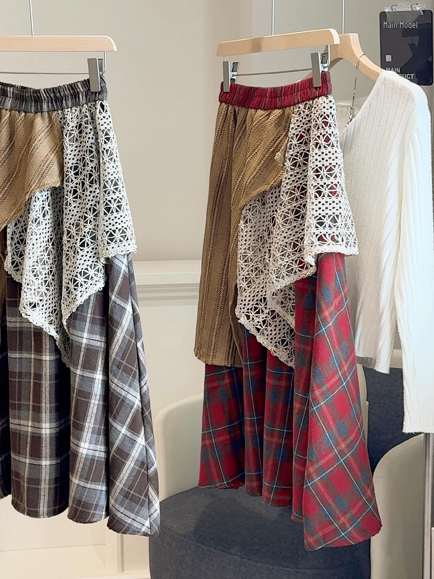 2025 Autumn/Winter Women s Irregular Color Block Plaid Midi Skirt One Size