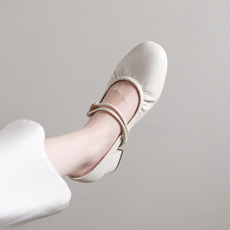 Mary Jane women's shoes 2025 spring and autumn new thick heel shallow mouth single shoes women's medium heel soft leather French temperament small lea