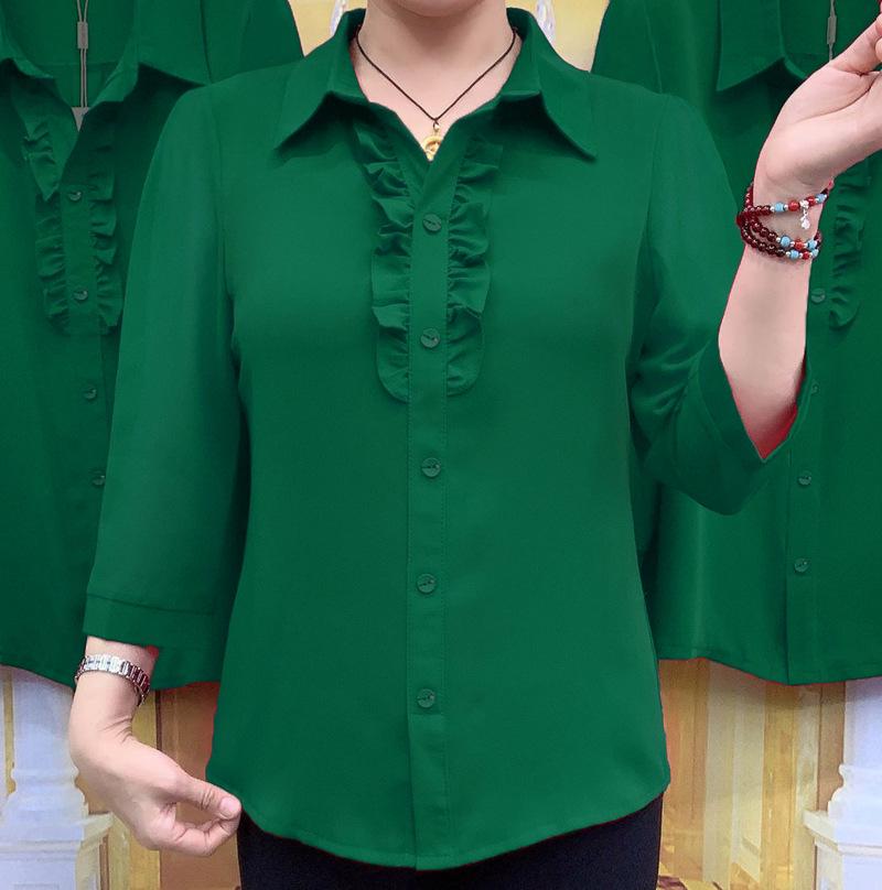 

Женский осенний топ свободного кроя с оборками и рукавами семь восьмых для мам среднего и пожилого возраста 5XL темно-зеленого