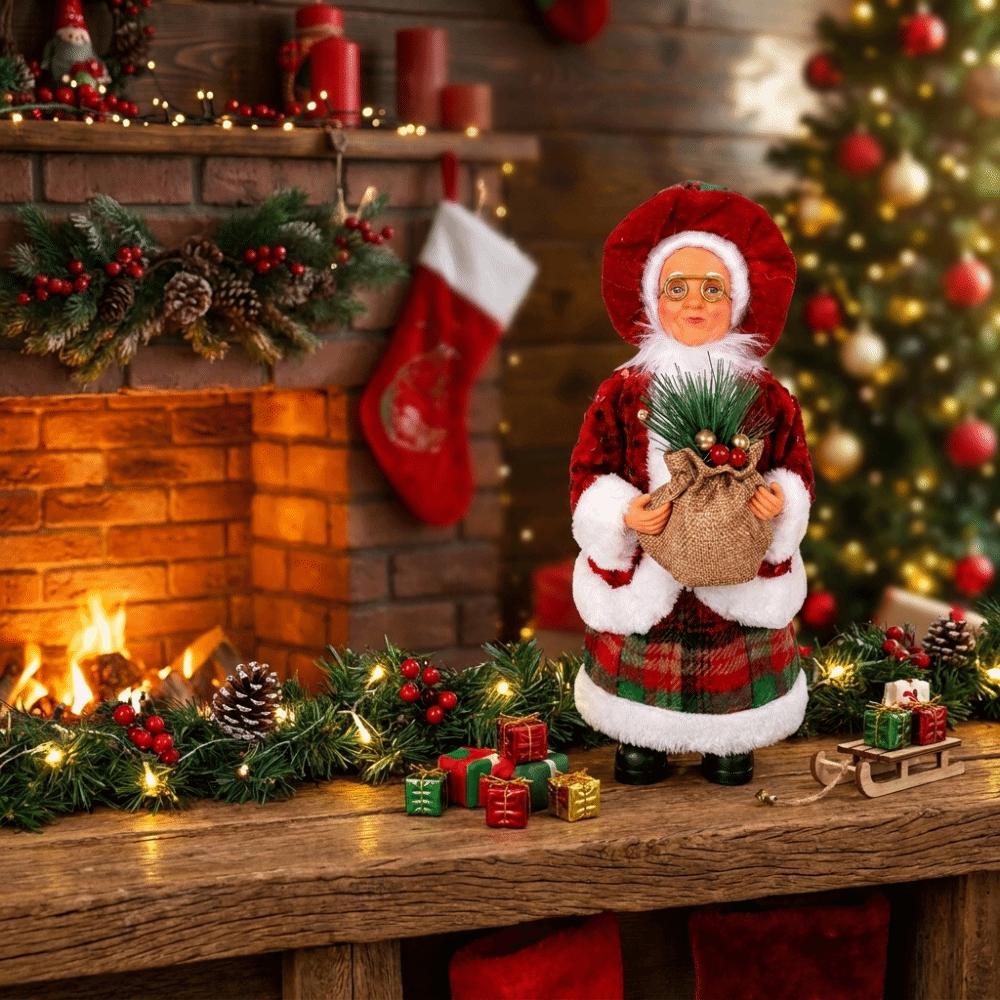 Standing & Sitting Mrs. Claus Christmas Statue Pine Berry Red Plaid Sequin Xmas Figurine Felt Faux Wool Ornament Mantel