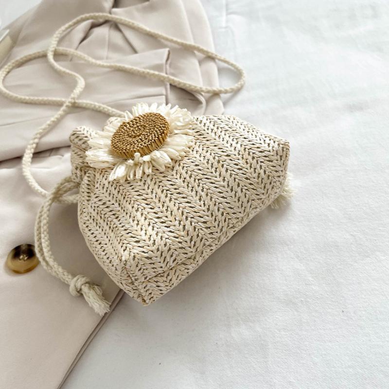 Słomkowe torby plażowe ze sznurkiem, torby z haftem kwiatowym, damskie plażowe torby typu bucket crossbody do podróży