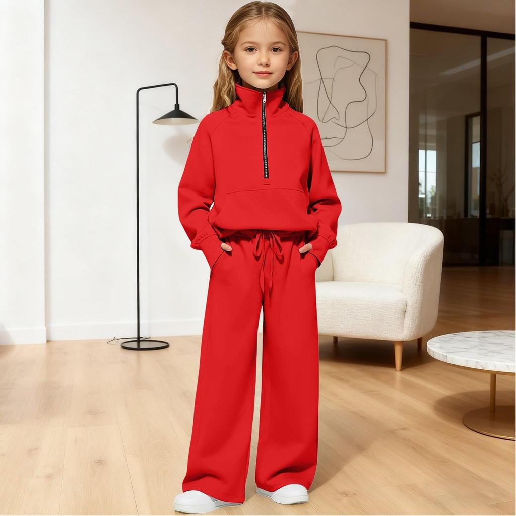 Dziewczęca bluza z wysokim dekoltem zapinana na pół zamek + długie spodnie sportowe polarowe casualowy zestaw dziecięcy