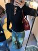 Red Sexy Hollowed-Out Long-Sleeve Knitted Sweater - Women's Retro Waist-Cinching Autumn/Winter Top