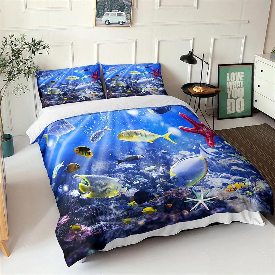 Comforter Ocean Blue Sea Fish 3D Printed Kids Bedding Set Queen King Nordic Ocean Landscape Soft Polyester Comforter