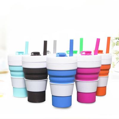 Kaffeetasse aus Silikon, faltbarer Wasserbecher, Taschenbecher, faltbarer, einziehbarer Wasserkocher, tragbarer Wasserbecher mit Strohhalm, 450 ml