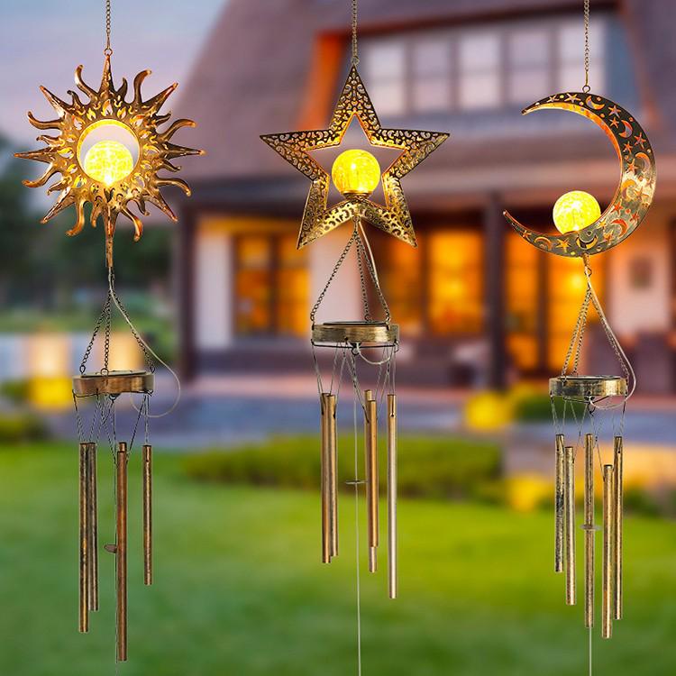 Wrought Iron Solar Wind Chime with Sun & Moon Design - Outdoor Hanging Light Sun