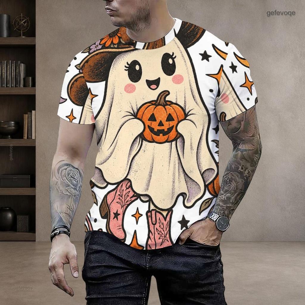 Men Plus Size Round Neck Short Sleeve T Shirt Halloween Black Cat Pumpkin Printed Pullover