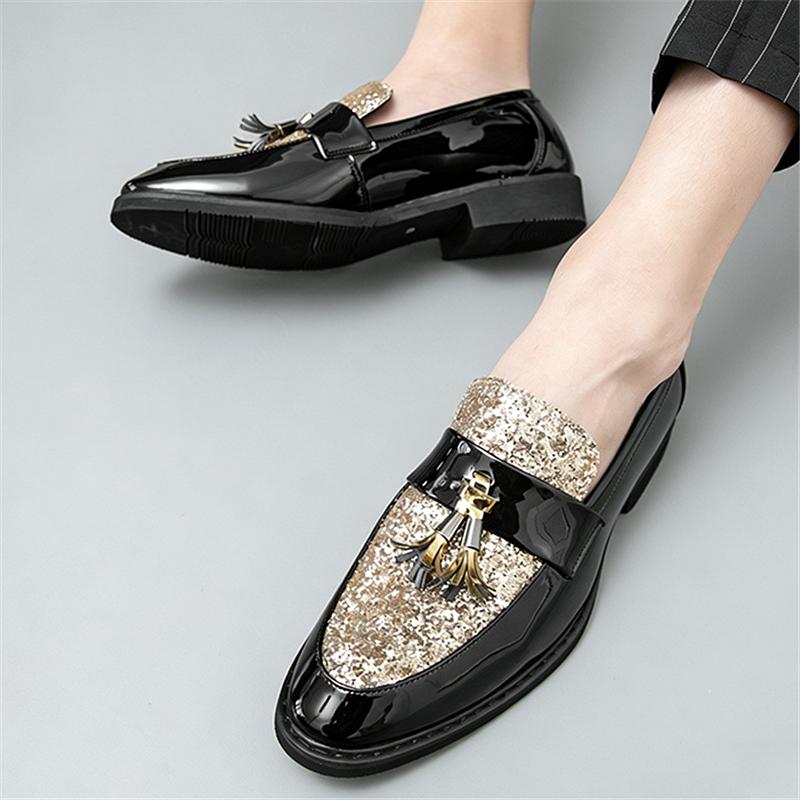 Modny projektant Nowe Szpiczaste Buty Patchworkowe z Frędzlami i Płatkami Śniegu dla Mężczyzn Formalne Ślubne Homecoming Sapatos Tenis Masculino