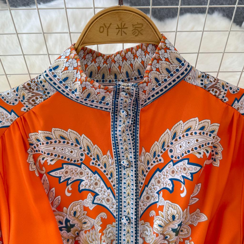 Vintage Langes Kleid für Damen, Frühling, Herbst, Blumendruck, Robe, Stehkragen, elegant, einreihig, Schnürgürtel, plissiertes Maxikleid