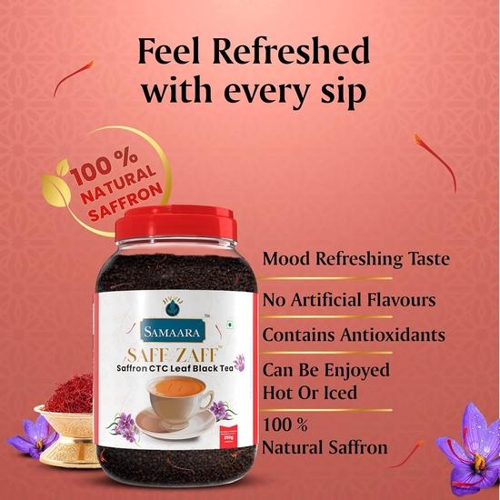 JIVVIJ SAMAARA Safran Tee 250 g | Aromatisierter CTC Assam Schwarzblatt-Tee | Kesar Chai Patti Pulver | Saff Zaff Glas