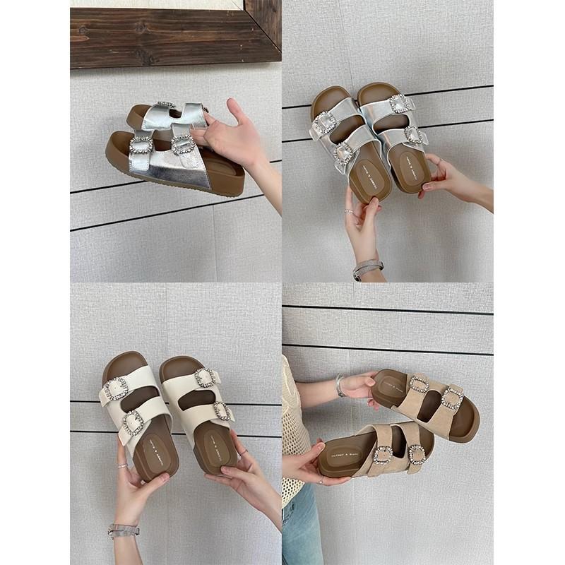 Cowhide version~ Height-increasing thick-soled one-word slippers for women's 2025 summer square-headed rhinestone Birken outerwear casual beach shoes