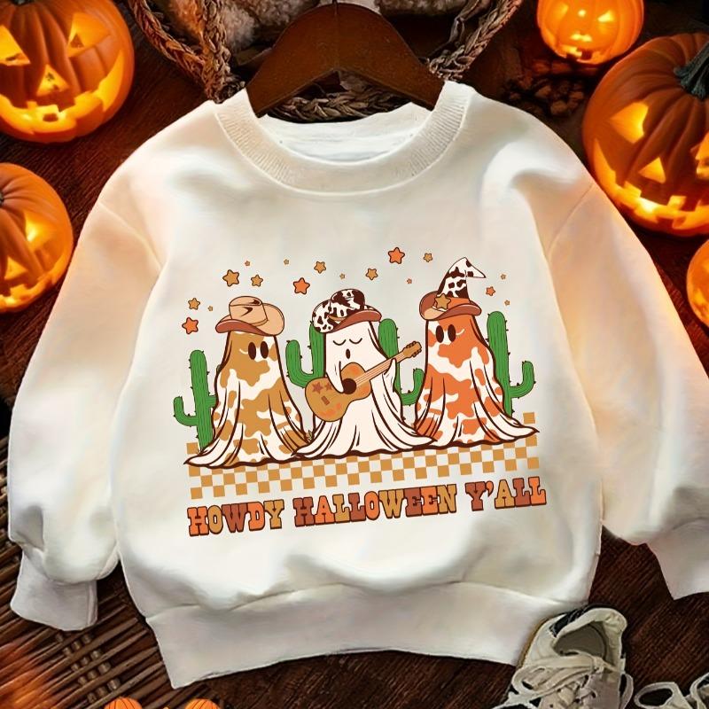 Kids Crewneck Sweatshirt, Three Cowboy Ghosts & HOWDY HALLOWEEN Y'ALL Text Print