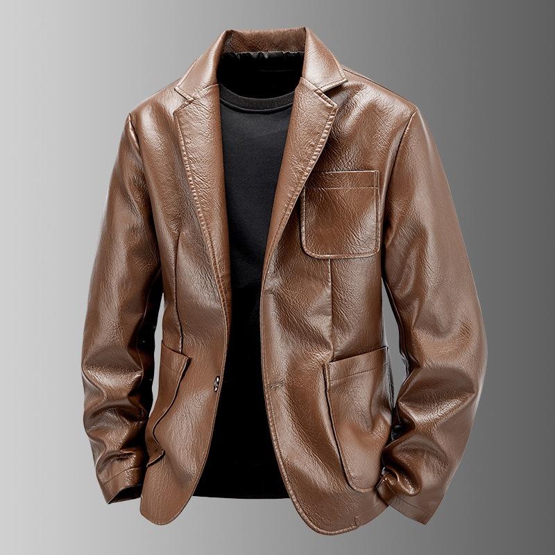 Lapel new men's leather jacket spring and autumn three-dimensional pocket teen trendy men's casual versatile leather jacket
