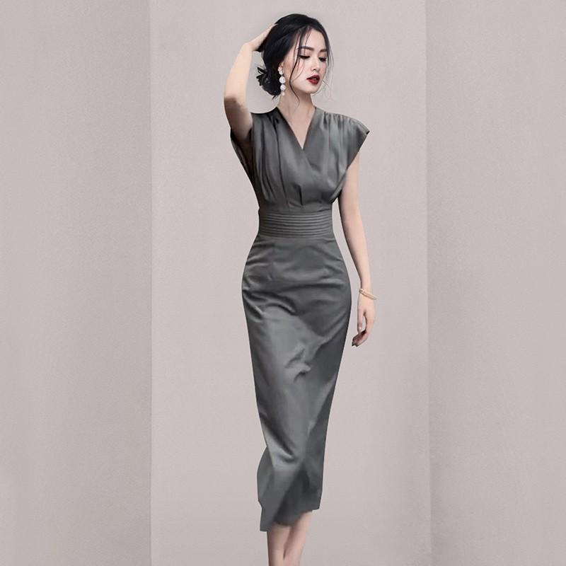 Royal Sister V-Neck Pleated Shrug Slim Dress - Women's Summer Fashion Skirt