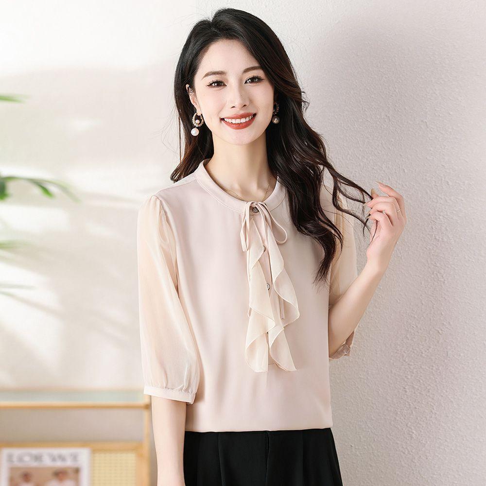 Chiffon Shirt for Women Five-quarter Sleeve Summer Lotus Leaf Collar Solid Color Fashionable Loose Thin Temperament Top