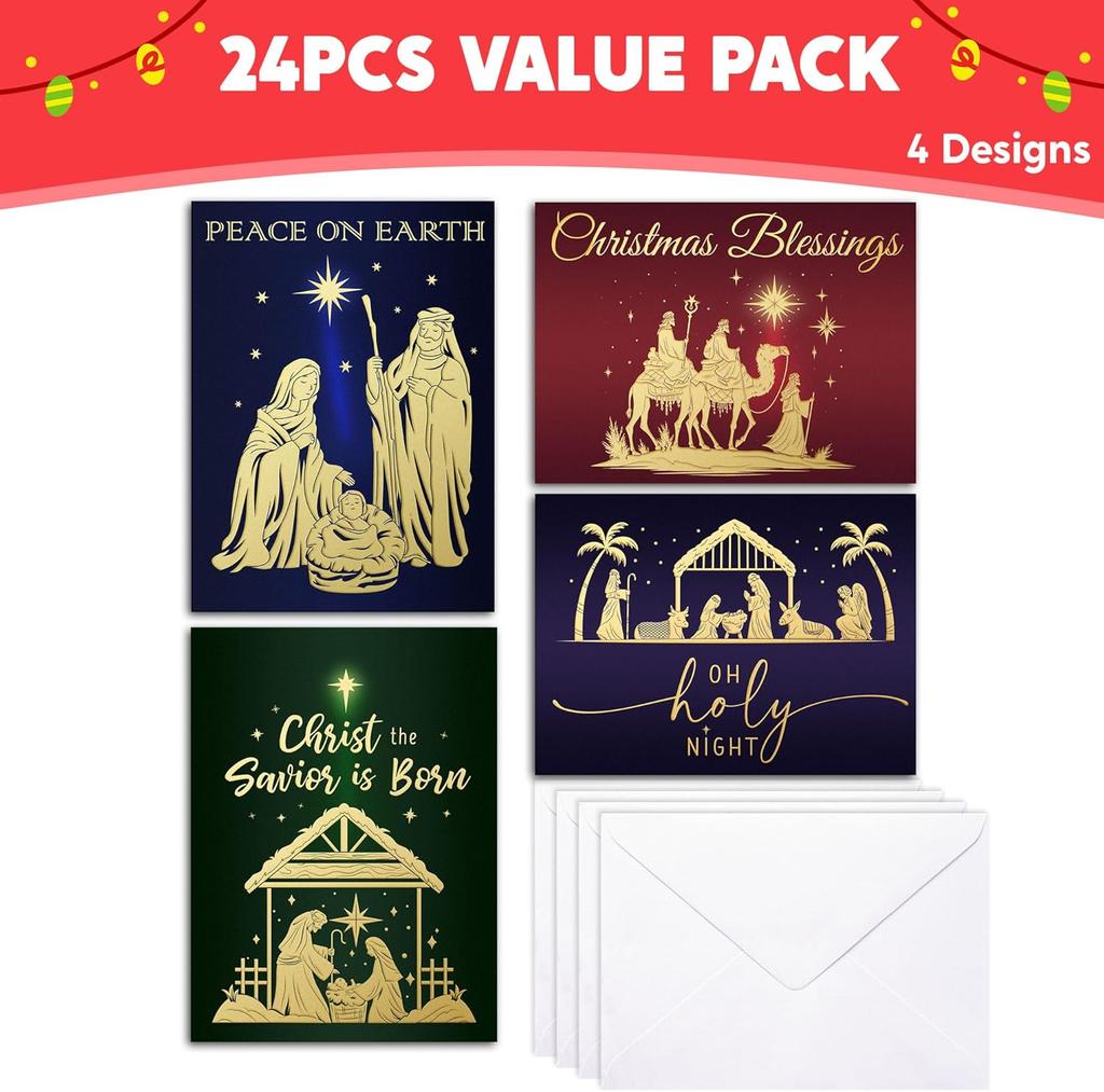 JOYFY 24 Tarjetas de Felicitación Religiosas de Navidad con Sobres 4 Diseños Set en Caja para Invierno Navidad Temporada Navideña Tarjetas Regalos