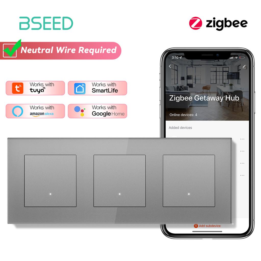 BSEED ZigBee Click Switches Series Wall Smart Click Light Switches Yellow Backlight Glass Frame Tuya APP Switch EU Standard