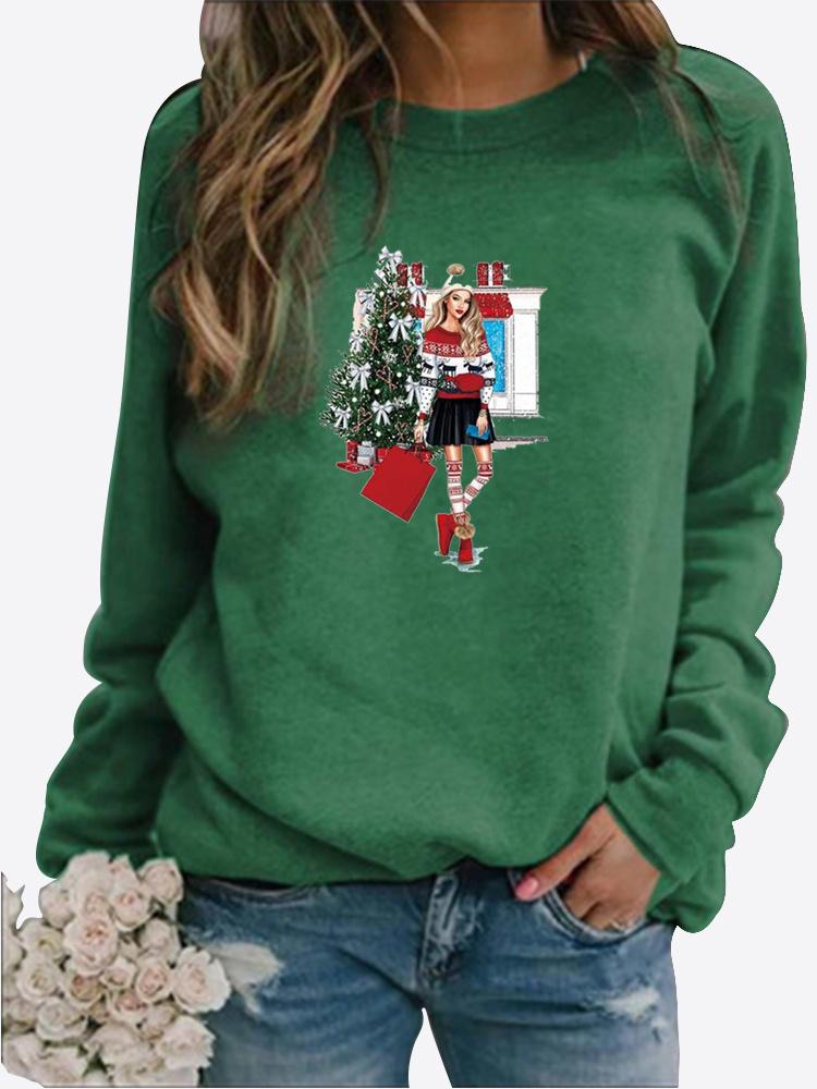 Autumn and Winter Women's Christmas Theme Printing Sweater Round Neck Long Sleeve Casual Sweatshirt Plus Size Top