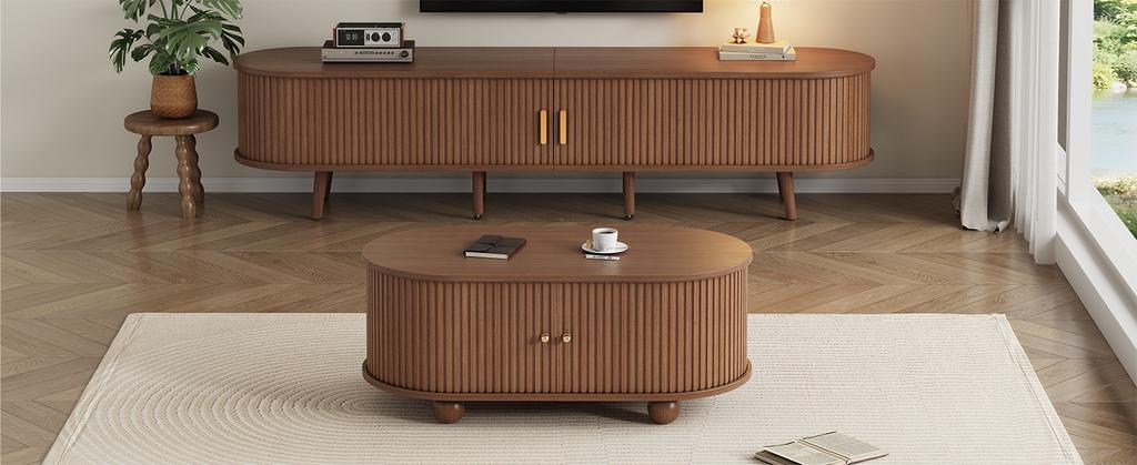 Living Room TV Cabinet with Storage Space + Coffee Table Combination, Walnut Combination In Original Wood Color, MDF, Set of 2