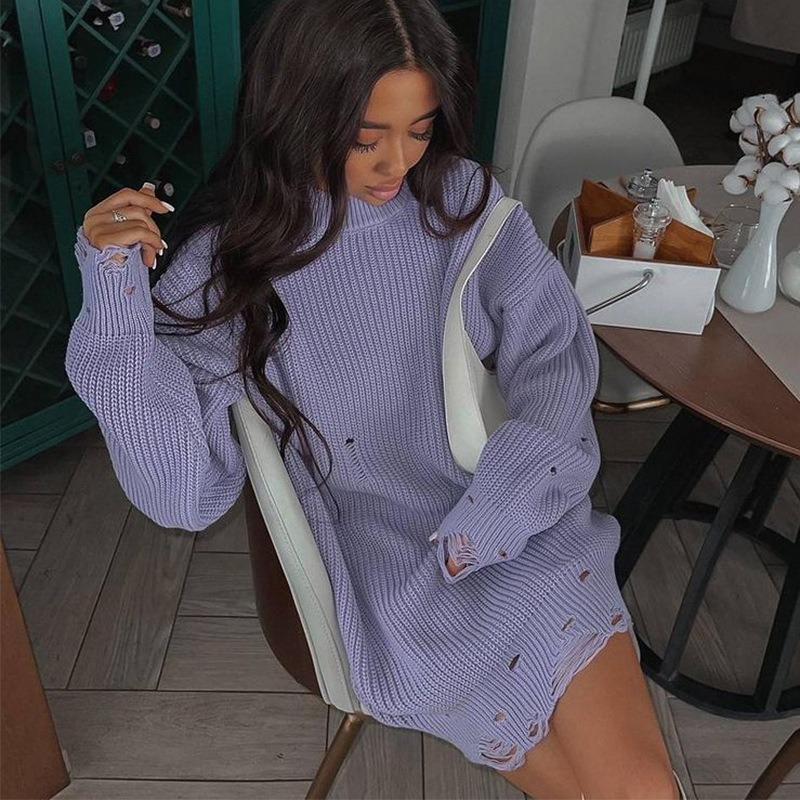 Plus Size Women's Loose Solid Color Ripped Sweater Long Autumn Crew Neck Pullover Long Sleeved Sweater
