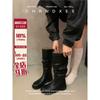 Cowhide version~ retro long boots for women's autumn and winter new round head thick-soled high knight boots, thin pleated stacked boots