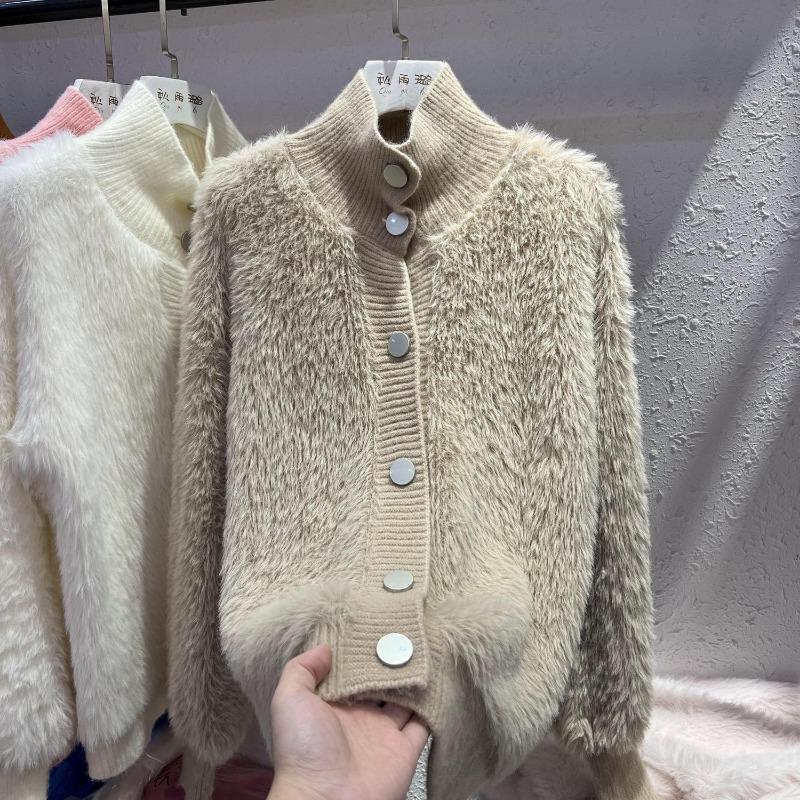 

Женский вязаный кардиган-свитер из искусственного меха в корейском стиле, осенняя женская одежда в винтажном стиле, с V-образным вырезом S