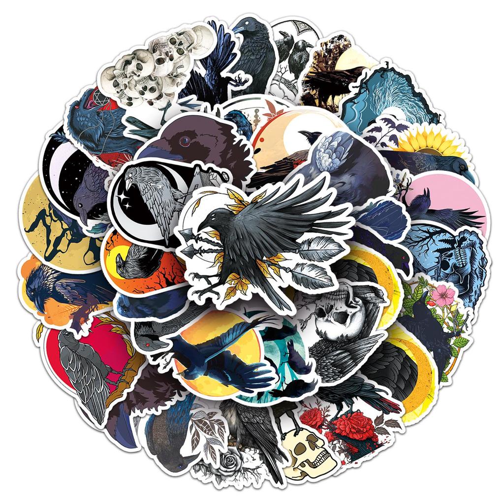 50-Piece Gothic Crow Cartoon Stickers: Dark Horror Halloween Design, Waterproof Décor for Journals & Phone Cases.