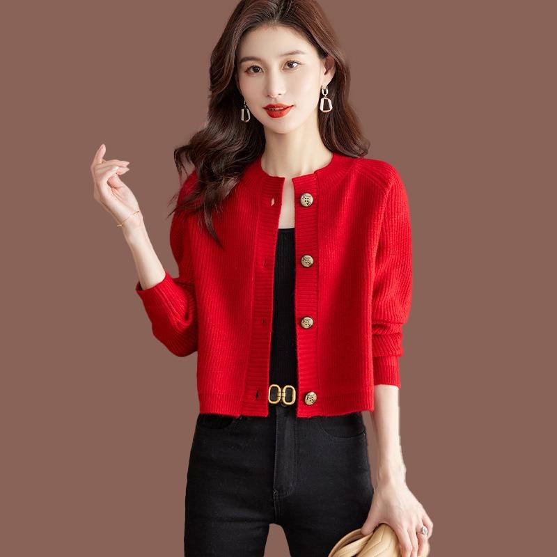 Lazy wind short long-sleeved sweater autumn and winter women's new fashion crew neck knitted cardigan with top