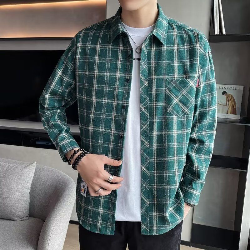 Męska koszula flanelowa w kratę z krótkim rękawem - Europejski i Amerykański styl casual