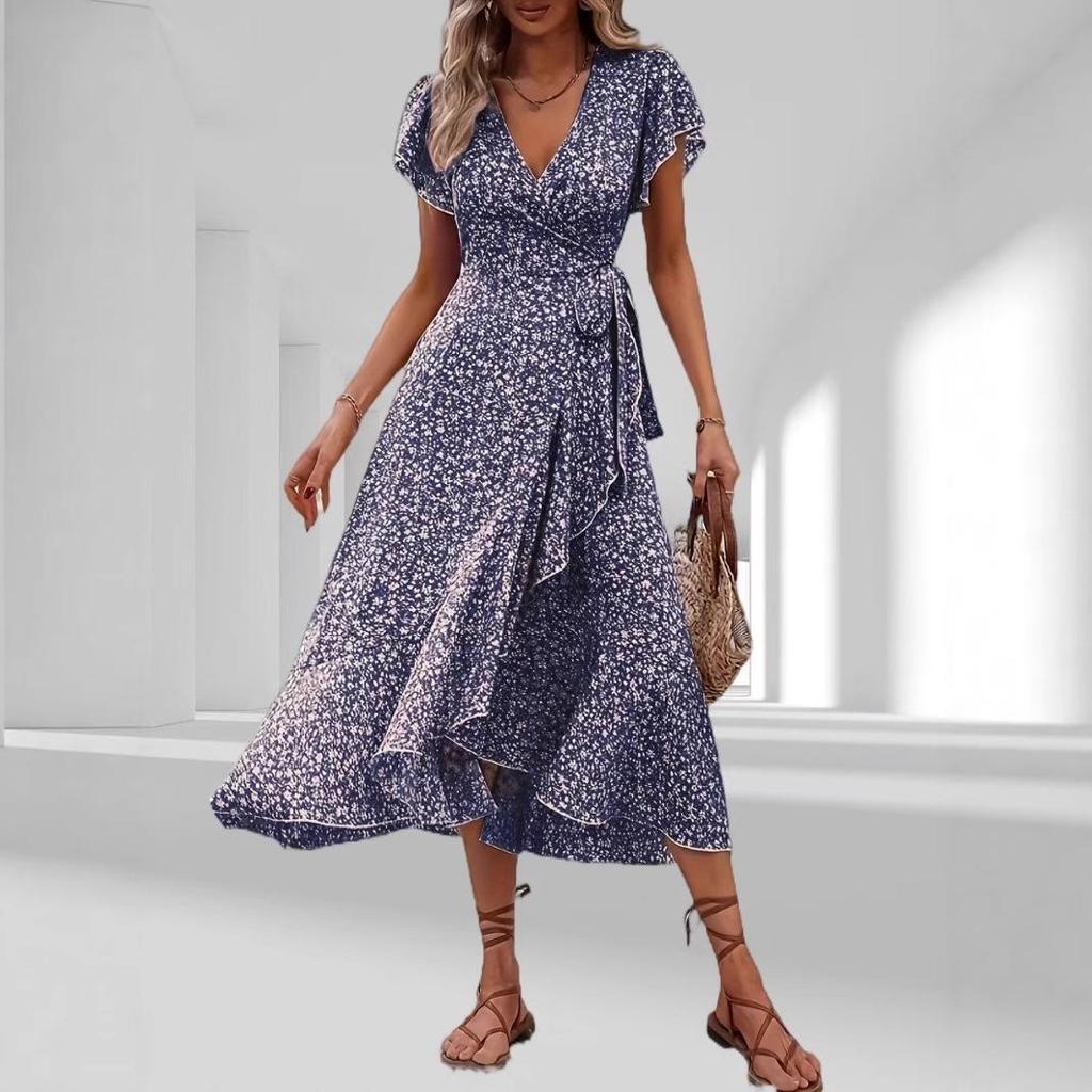 Bohemian Floral V-Neck Short Sleeve Wrap Dress with Belt