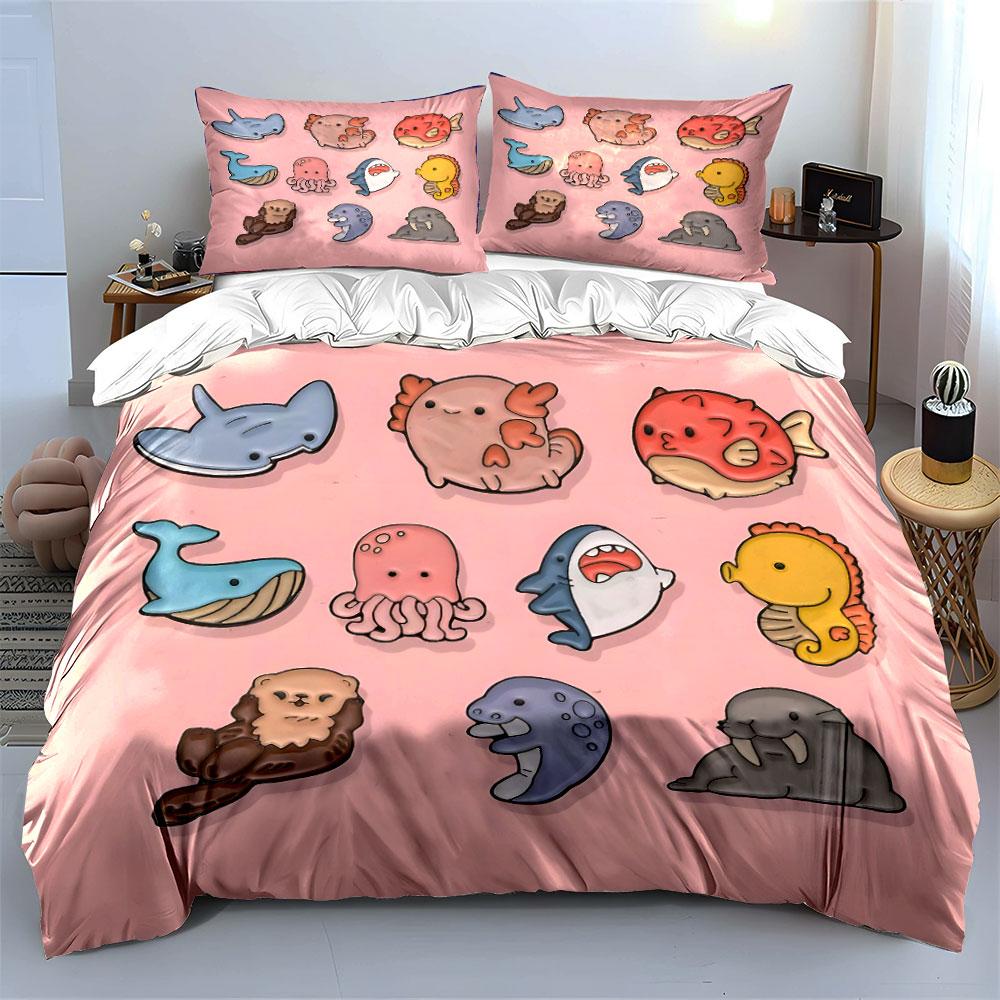 Colorful Cartoon Sea Creatures Print Bedding Set 1 Duvet Cover 2 Pillowcases For Adult And Children Luxury Gift Full Size