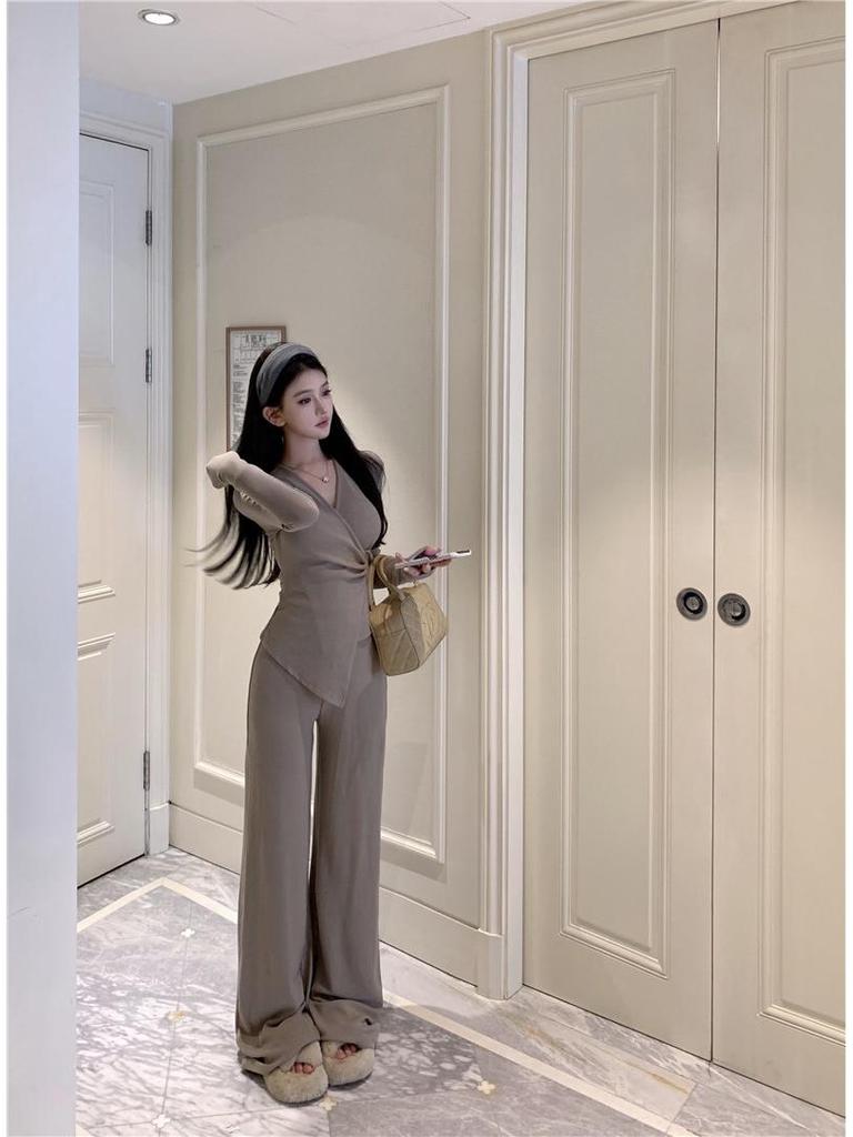 Irregular Slim Fit V-neck Top & Micro Flare Wide Leg Pants Set for Women - Autumn Collection 2026