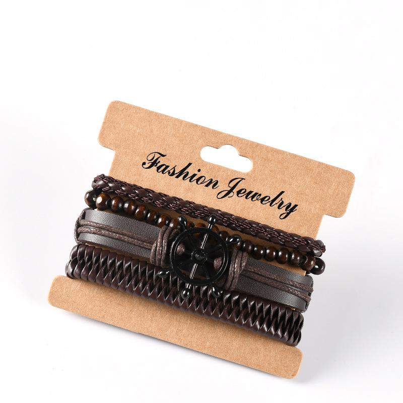 4-Piece DIY Weaving Bracelet Set: Fashionable Black & Brown Ship Wheel Cowhide Bracelets for Men & Women, Retro Style Jewelry.