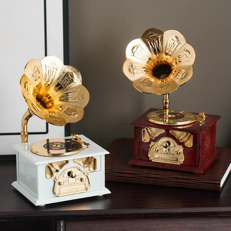 Luxury Home Ornaments Vintage Antique Wooden Metal Phonograph Music Box for Living Room Desktop Decoration Birthday Gifts