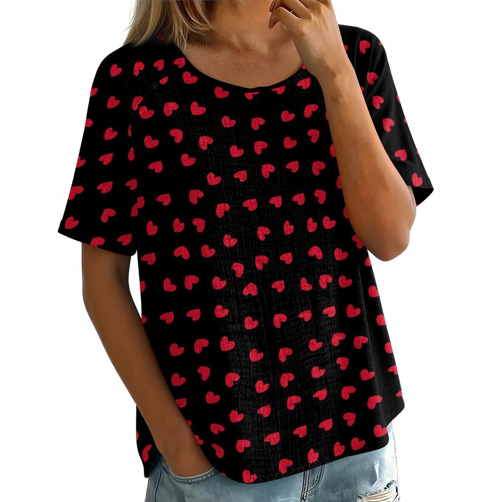 Women's Vintage Print Short Sleeve Top - Round Neck, Cotton Linen Fabric