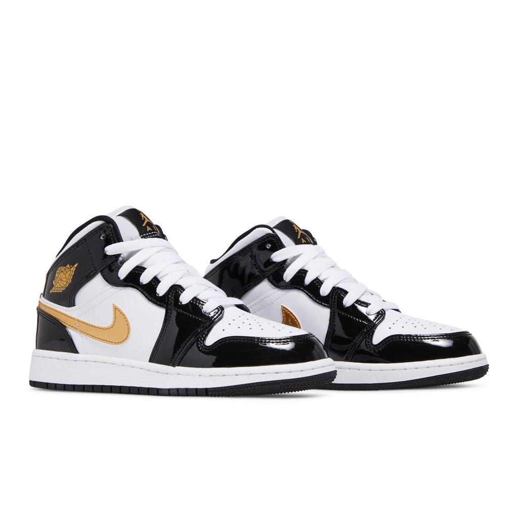 Air Jordan 1 Mid Patent SE dla dzieci 'Black Gold' (Dla obu płci) Dziecięce Buty do Koszykówki Czarne / Metaliczne Złoto / Białe BQ6931 007