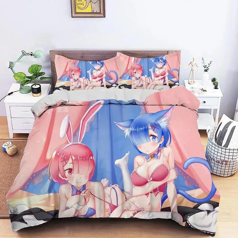 3D Anime Re Zero Rem Ram Printed Bed Set Duvet Cover Pillowcase Bedding Set Bed Linen Sheet Quilt Cover Full Queen King Size