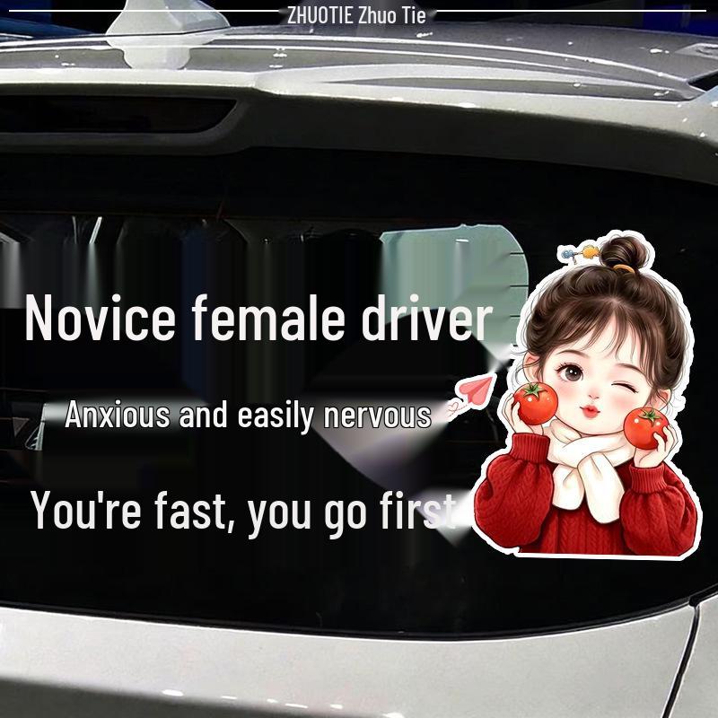 Funny Reflective Learner Sticker: 'Female Driver Panics Easily—You Go First!'
