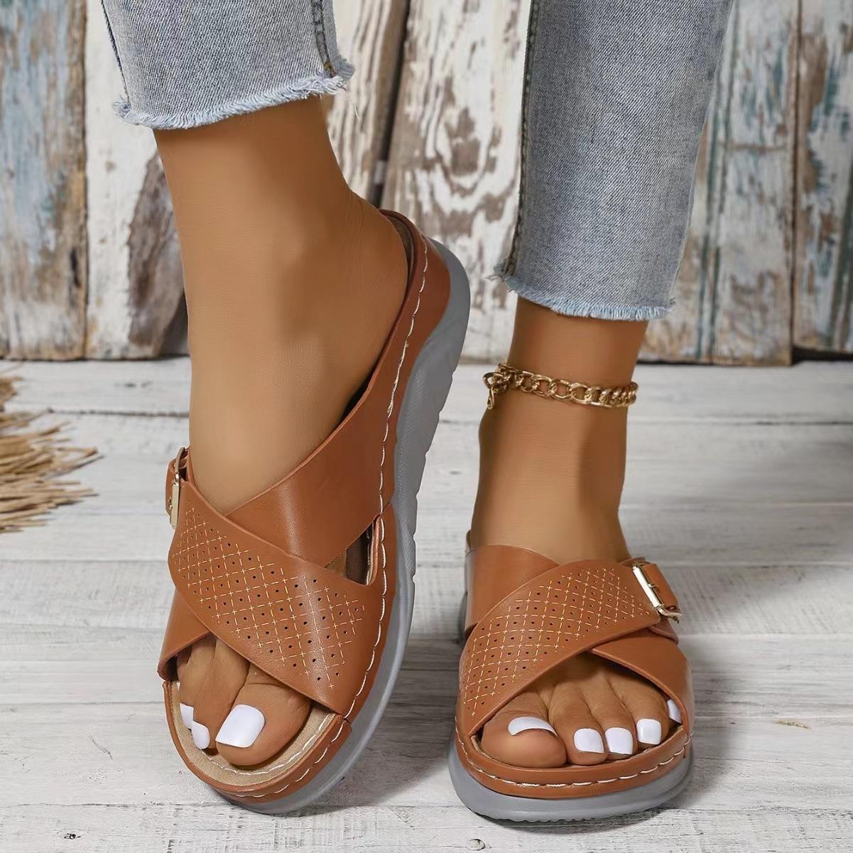 

Women s Wedge Slippers Summer Leisure Comfortable Beach Sandals Belt Buckle Solid Color Soft Bottom Plus Size Beach Shoes 43
