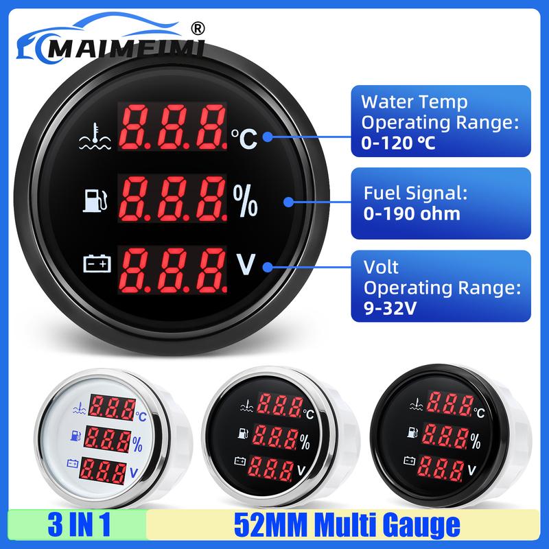 Multifunctional 2"52MM Gauge Digital Water Temperature+Fuel Level Gauge+Voltage with Alarm Red Light for Marine Boat Yacht Car