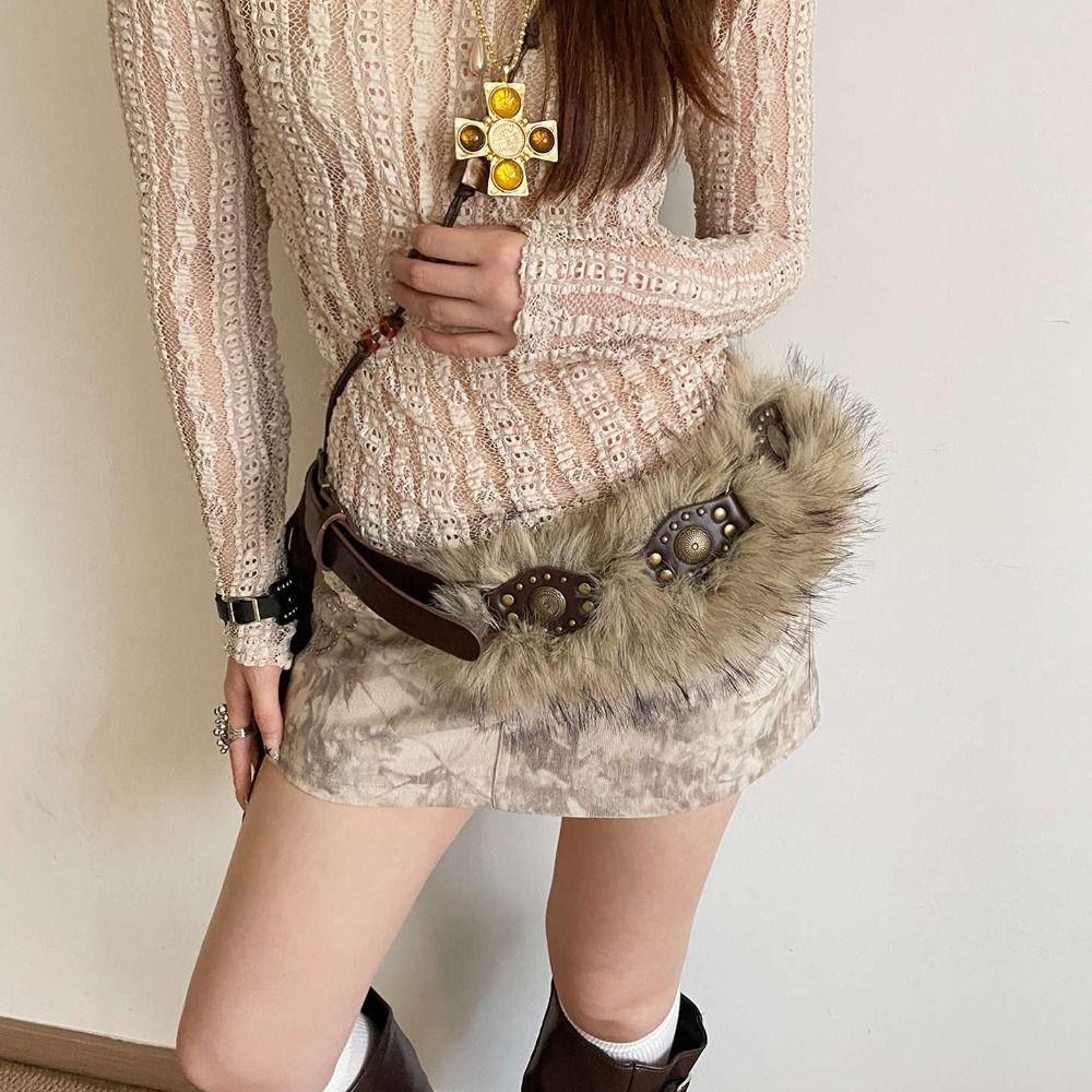 PU Leather Furry Waistband Spicy Girl Style Y2K Waistband Vintage Plush Belt  Female/Girls