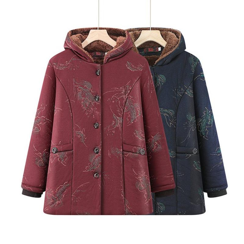 Winter cotton-padded jacket with velvet to keep warm, new hooded jacket, old lady, thick cotton-padded jacket.