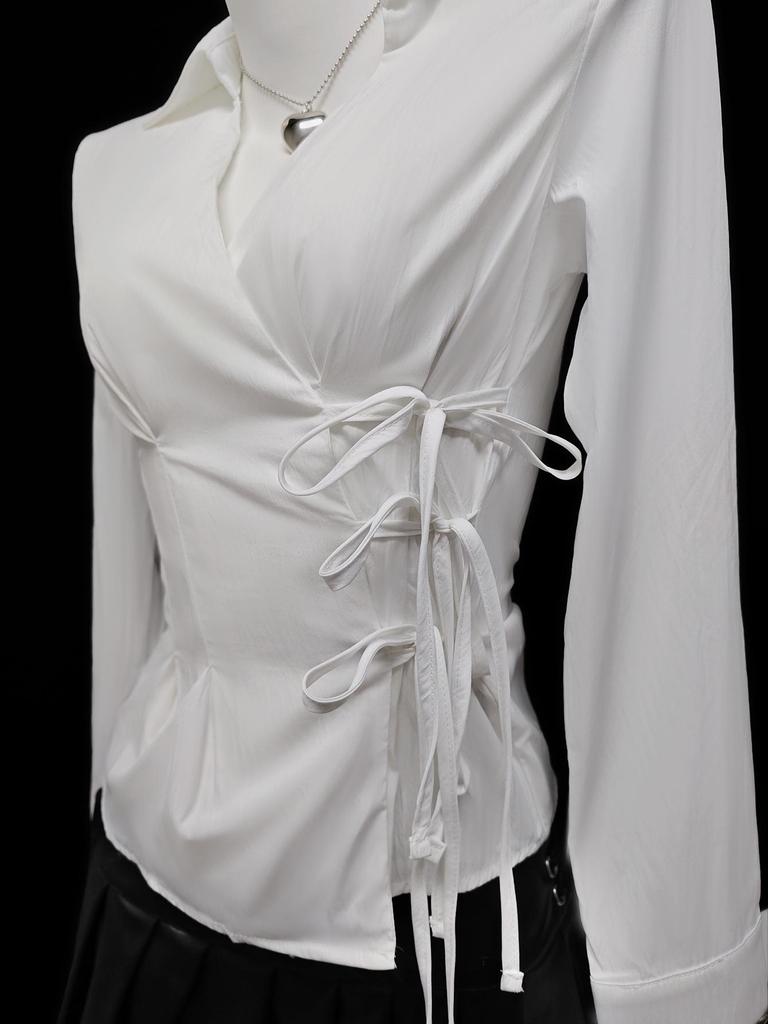 In Stock - European & American Casual Waist-Cinching Solid Color Women's Shirt