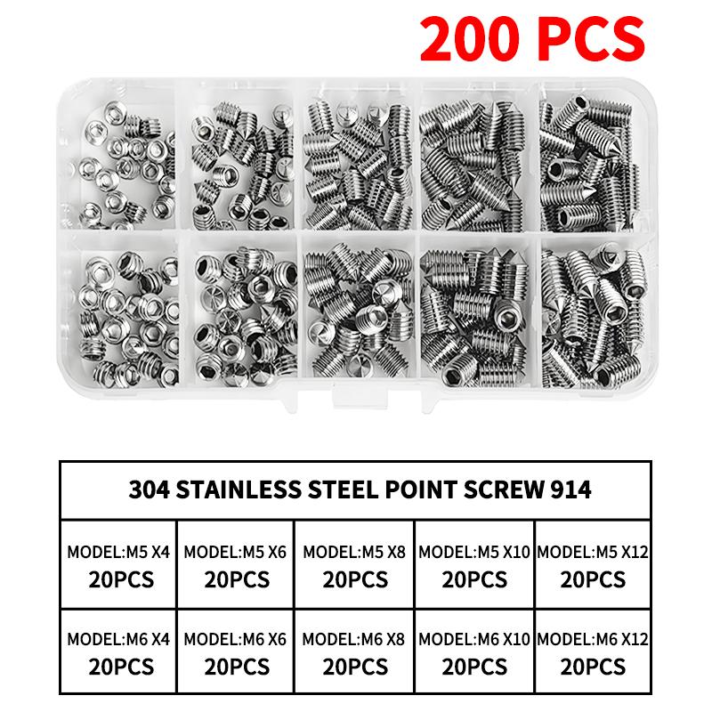 DIN914 304 Stainless Steel Hex Socket Point Grub Screws M3 M4 M5 M6 M8 M10 Assortment Kit - High Hardness Fasteners Set