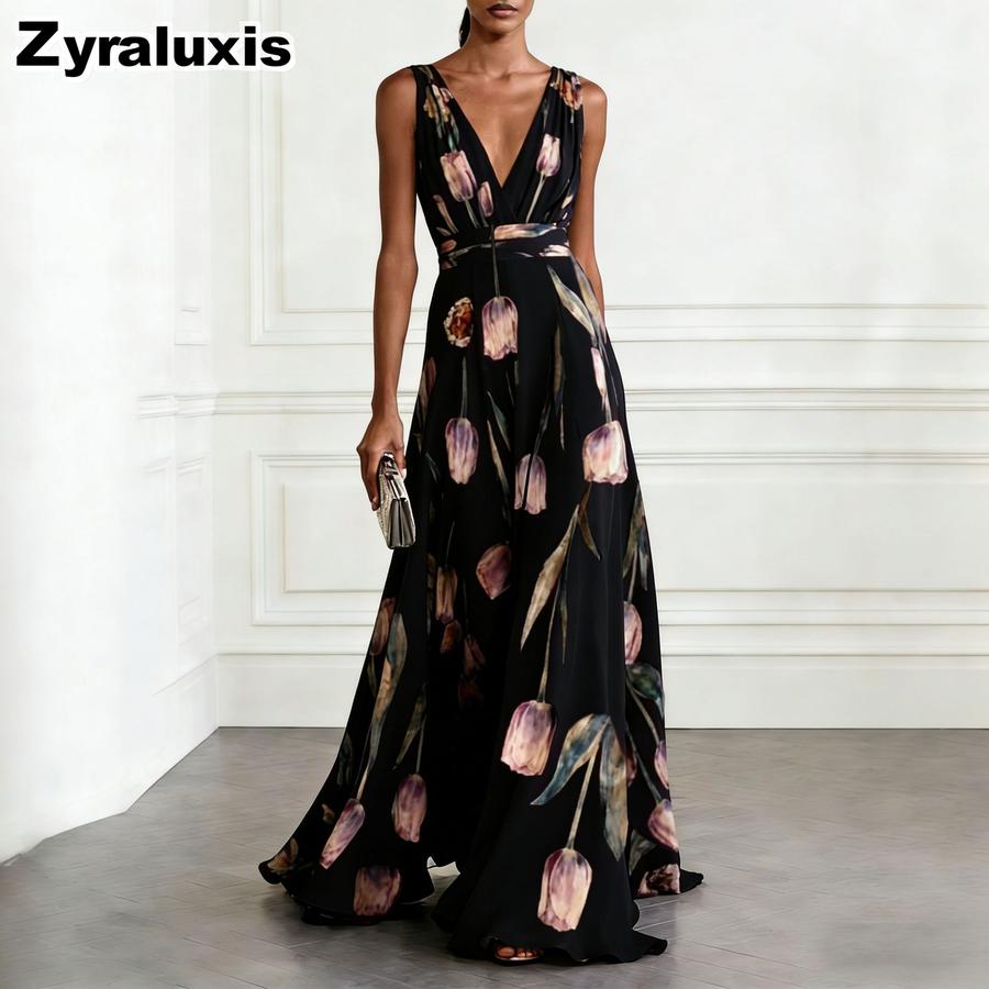 New Peony Floral Evening Gown for Women, Sleeveless V-Neck Maxi Dress