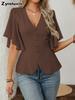 Deep V-Neck Ruched Waist Short Sleeve Top New Spring Fashion for Women