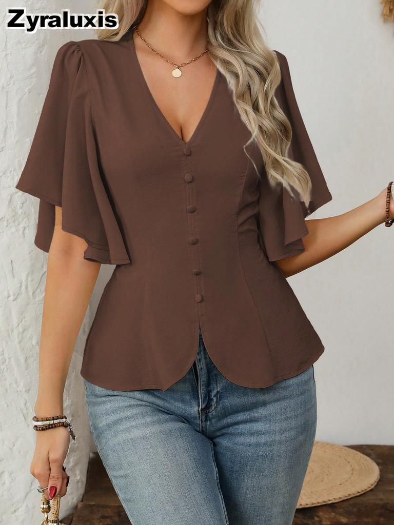 Deep V-Neck Ruched Waist Short Sleeve Top New Spring Fashion for Women