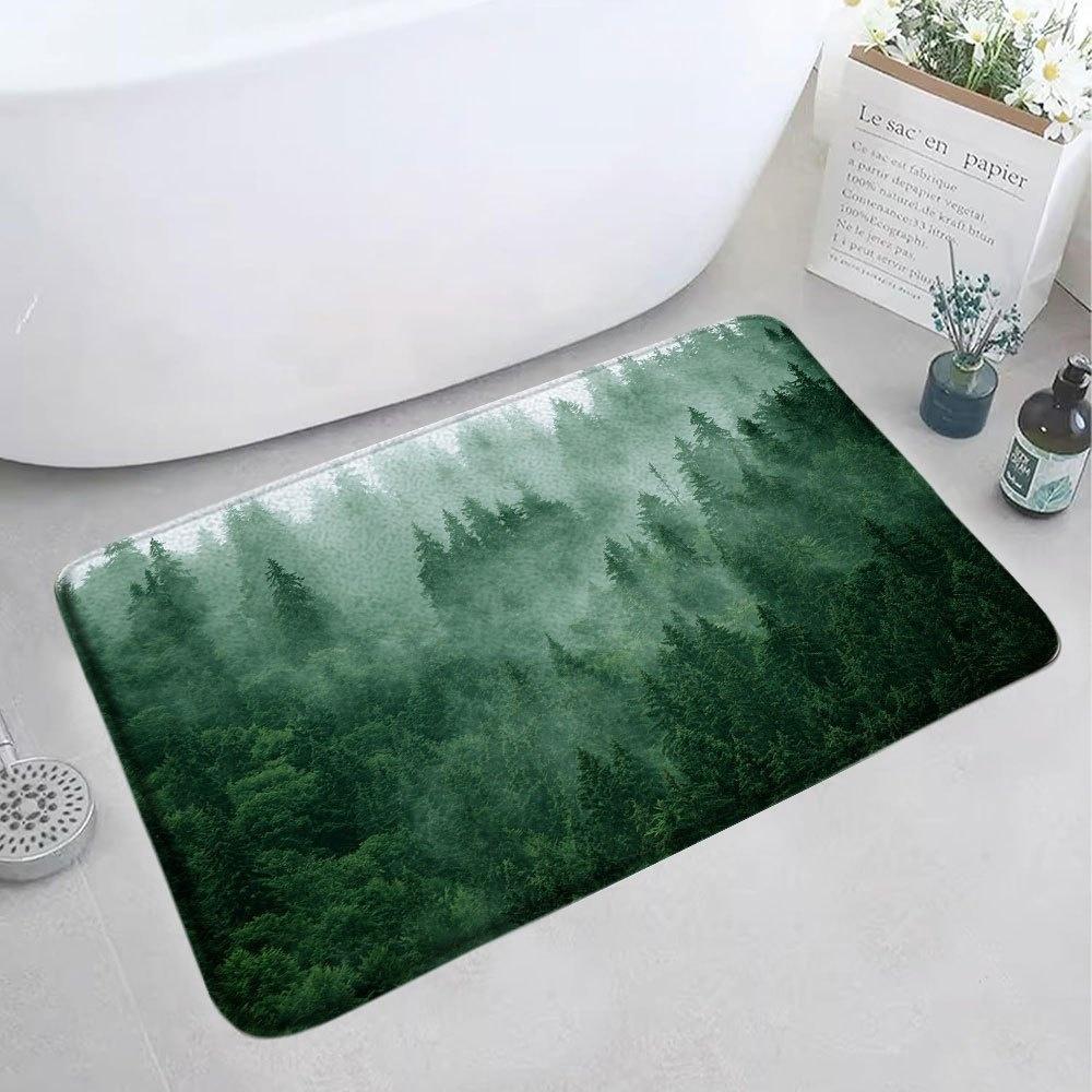 1pc Misty Forest Bath Mat - Soft Plush 16"x24" Non-Slip Rubber Backing, Machine Washable 100% Tech Fabric, Serene Nature Design