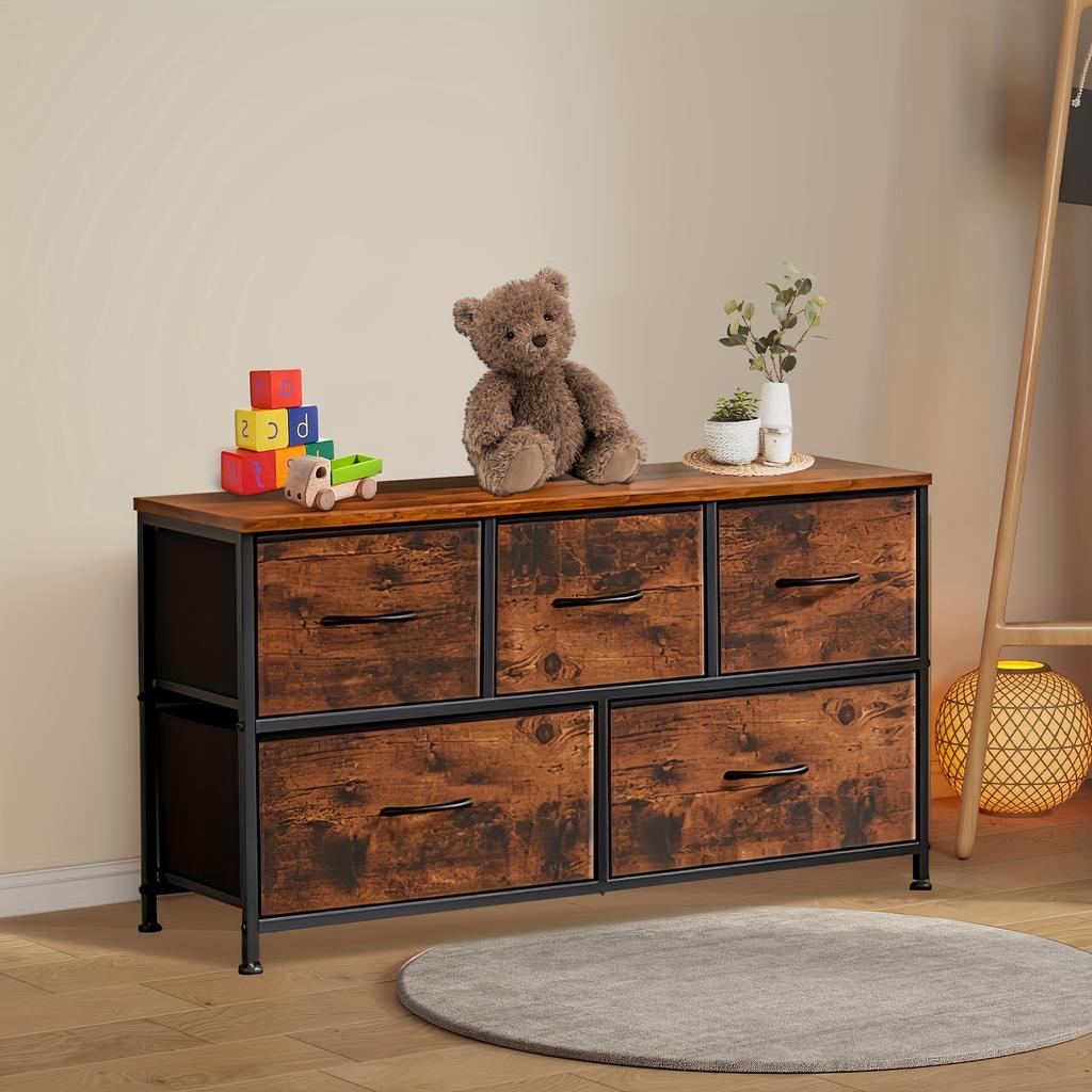 Drawer Storage Cabinet with 5 Drawers, Clothes-drawer Closet for Living Room Bedroom & Entryway, Metal Frame + Wood Board